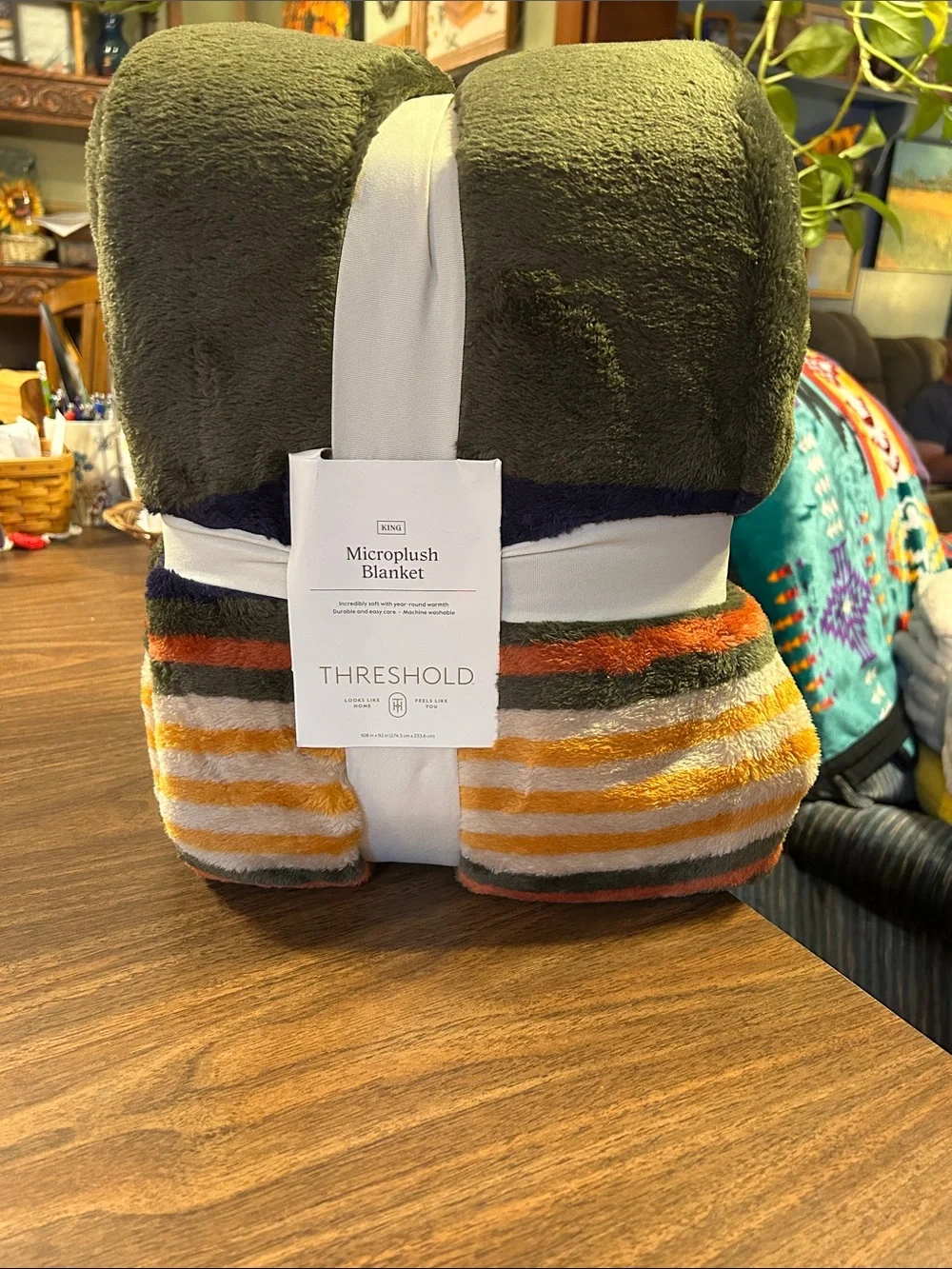 Threshold Microplush Blanket in Olive, Navy, Orange, White, and Gold Stripes